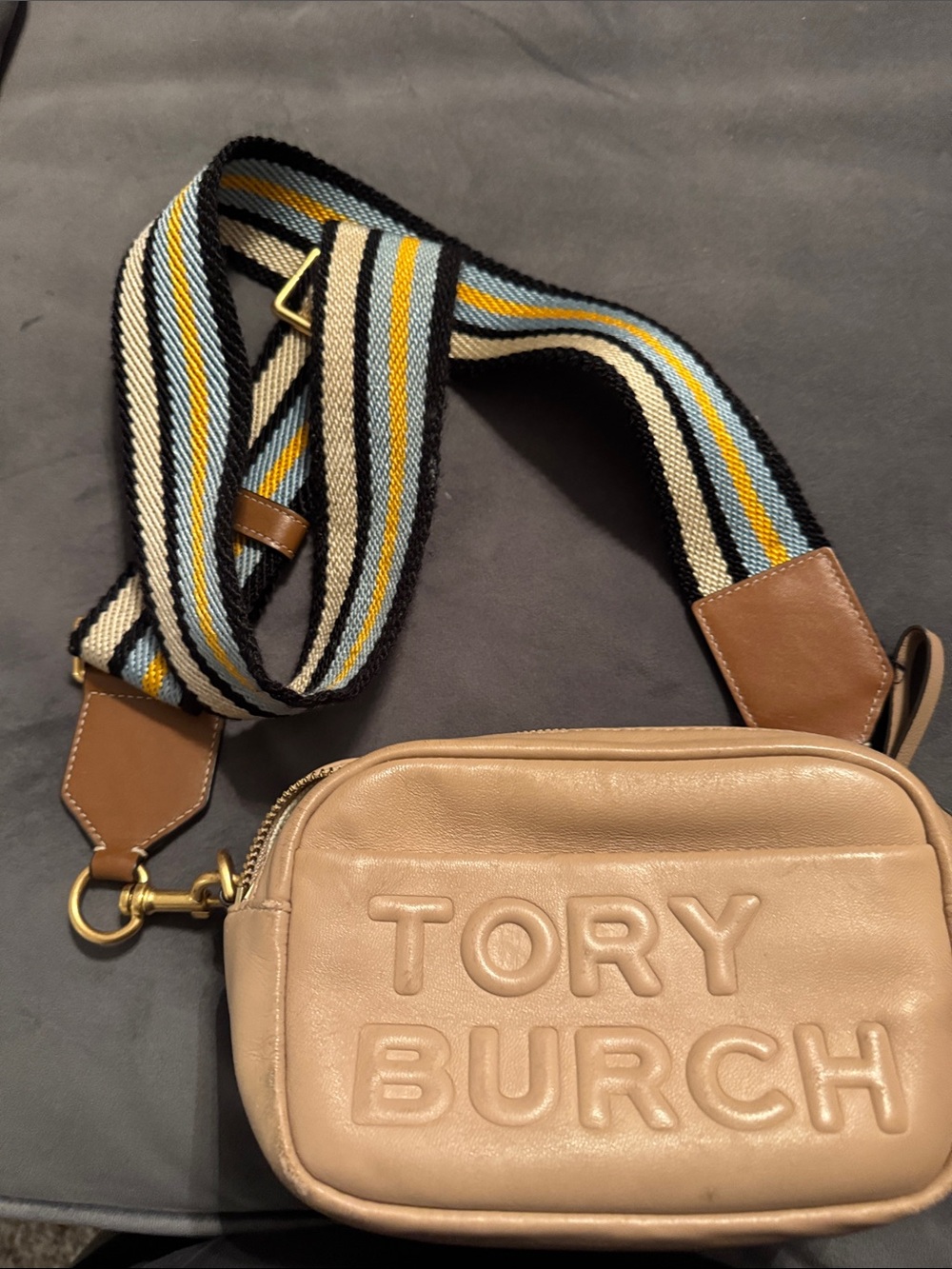 Tory Burch Beige Leather Belt Bag with Striped Strap - Picture 9 of 9